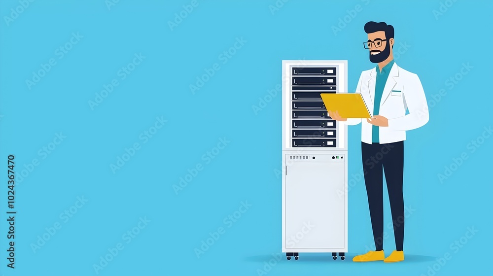 Poster of an it specialist performing maintenance and repairs on a server showcasing the technology and equ