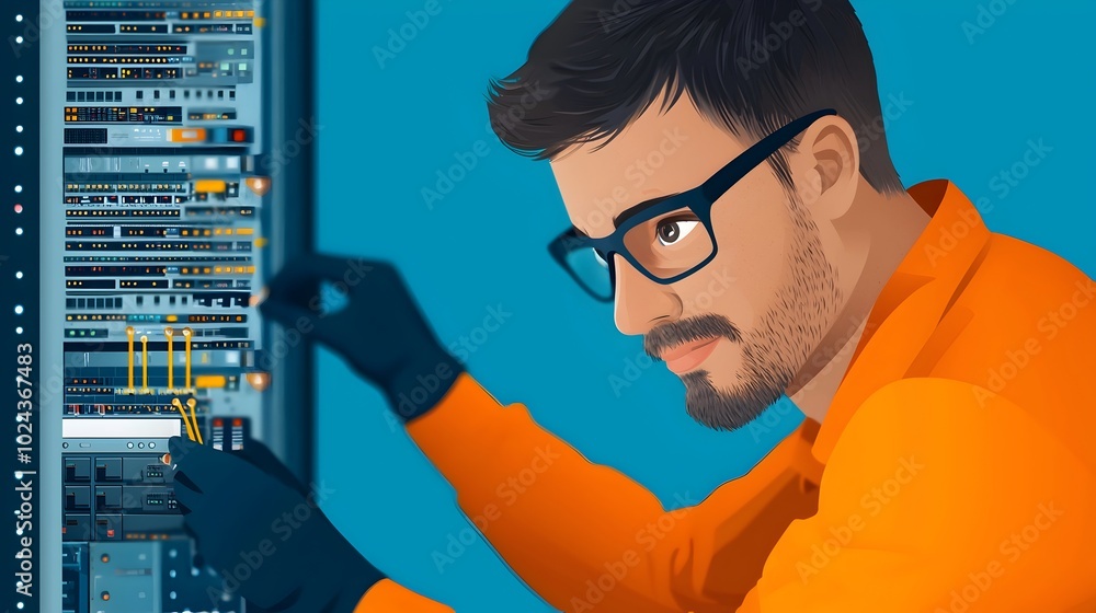 Poster flat design of an it specialist or technician fixing maintaining and repairing a computer server or 