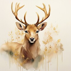 Coussins décoratifs close up Minimalist watercolor reindeer with soft gold antlers, scattered on a light cream background elegance art
