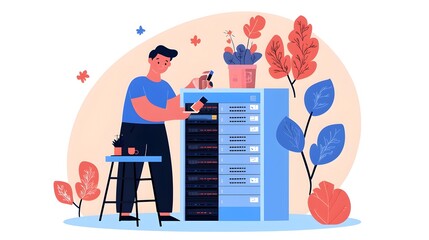 IT Specialist Expertly Fixing Server Technology in a Flat Design Efficient IT Maintenance and Support Services