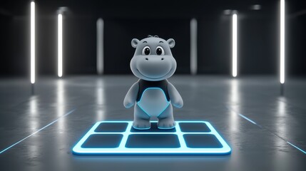 Cute Hippo Toy with Neon Lights and Modern Background