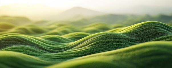 Green, grassy, sunlit hills with an abstract pattern of wavy lines and curves blurred natural landscape background. 