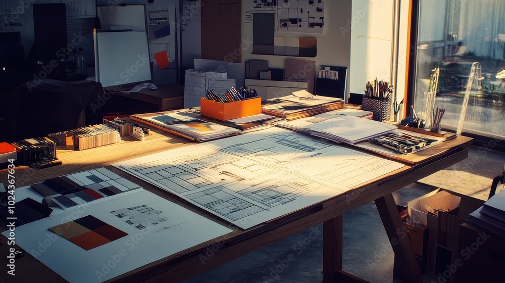 Poster architect's desk with blueprints and design tools