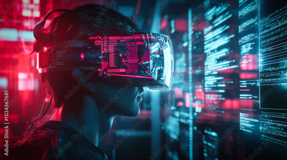 Poster a cyberpunk hacker in a virtual reality setting