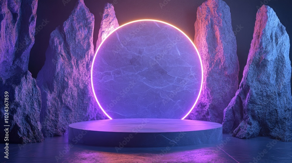 Poster Abstract neon backdrop featuring luminous geometric shapes natural stone elements and a 3D podium Empty display platform for showcasing technological products and gadgets