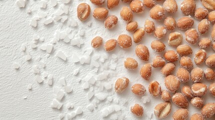 High-definition close-up of salted roasted peanuts on a white backdrop, emphasizing texture and salt crystals, ideal for template overlays and design projects