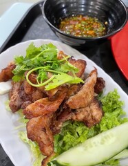 Crispy Fried Meat with Fresh Vegetables and Sauce