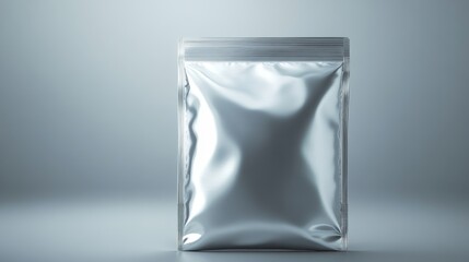 High-detail blank silver pouch with ziplock, positioned centrally, seamless gray backdrop, ideal for product branding