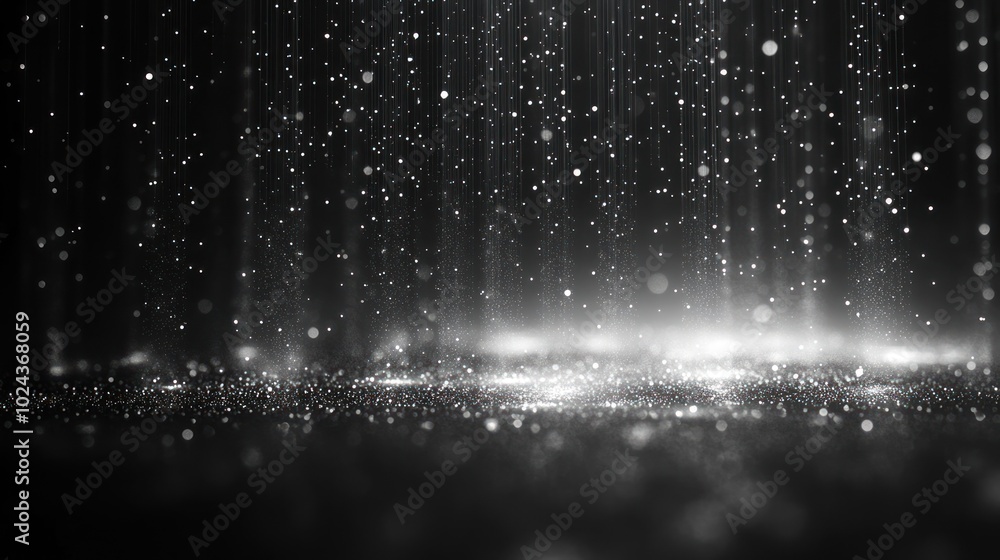 Poster abstract background with a silver glitter on the bottom and silver light rays streaming down from th