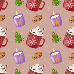 Cute Watercolor Christmas seamless pattern. Ornament with hand drawn Christmas drinks, cocoa with marshmallow, candle