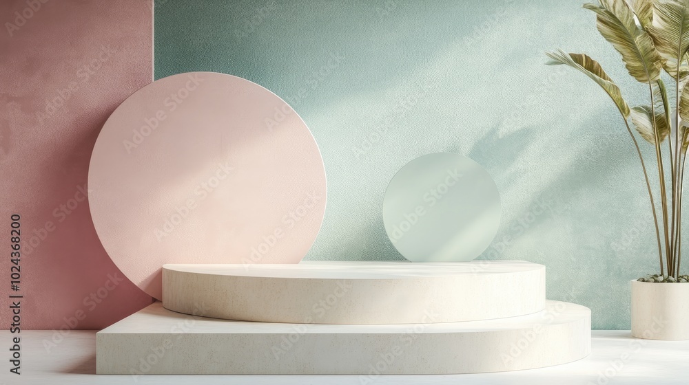 Poster 3d rendered abstract background featuring geometric shapes and a pastel colored podium in a minimal 