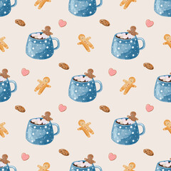 Cute Watercolor Christmas seamless pattern. Ornament with hand drawn Christmas drinks, cocoa with marshmallow, ginger man, cookie