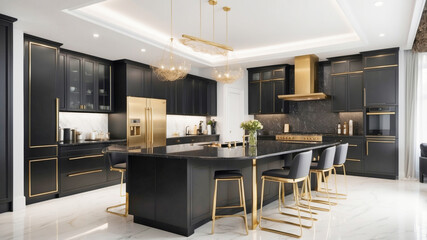 An ultra-modern sleek kitchen, with dark wood cabinets with gold details