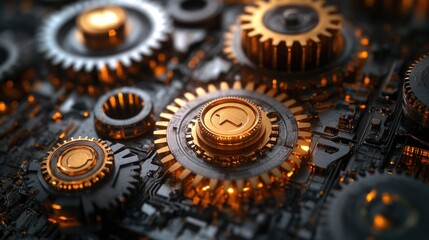 Close-up of gold and black gears interlocked on a circuit board, lit from below.