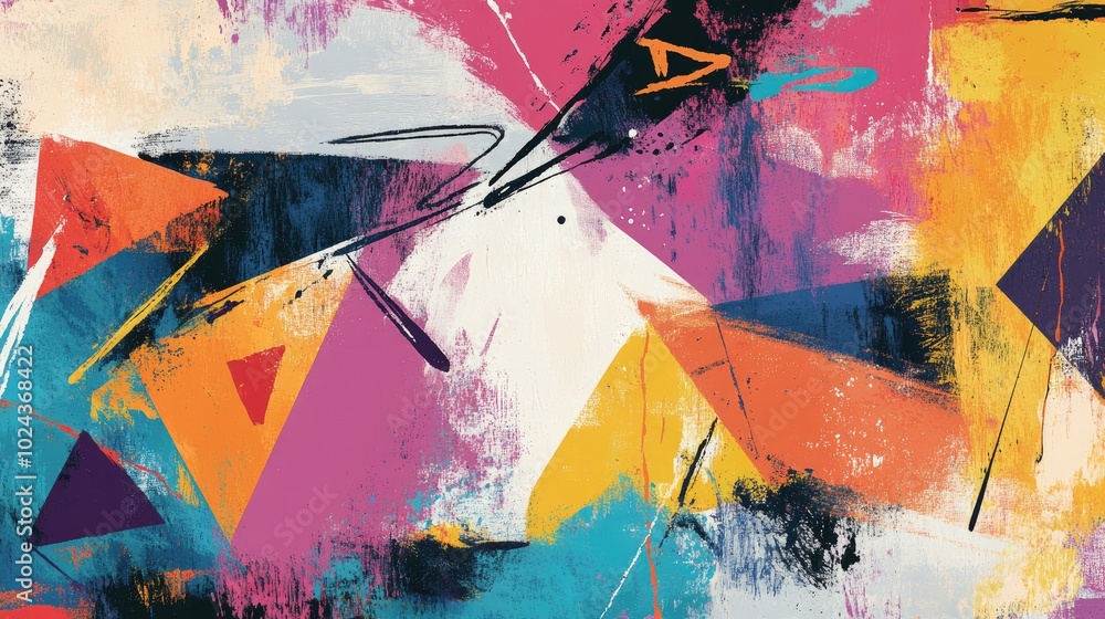 Poster colorful abstract grunge painting featuring rough hand drawn geometric shapes and line art ideal for