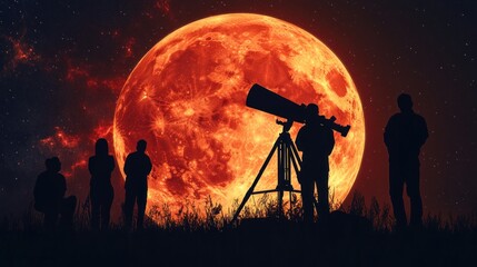 A group of people observing a large moon through a telescope in a starry sky.