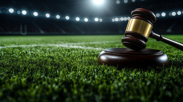 Legal gavel and football on a stadium grass field under spotlight, representing justice and fairness in professional sports. Suitable for law firm branding