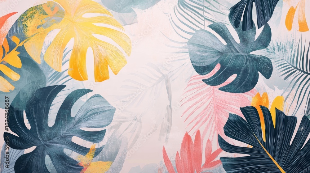 Poster 3d mural wallpaper featuring hand drawn tropical leaves and abstract art on a light background with 