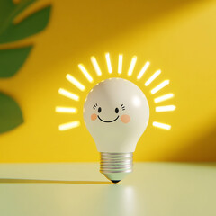 A Cheerful Cartoon Light Bulb with a Happy Face and Bright Rays on a Vibrant Yellow Background