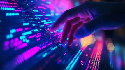 Close-up of a hand touching a digital screen displaying financial data and graphs, a business concept background with blurred lights and a bokeh effect