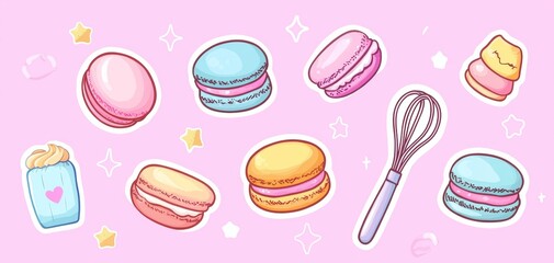 A kawaii-style sticker set featuring pastel macarons, cake mixes, and whisks with soft pastel colors