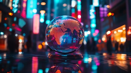 Colorful, blurred background of a stock market with a glowing holographic globe and business chart on a glass table