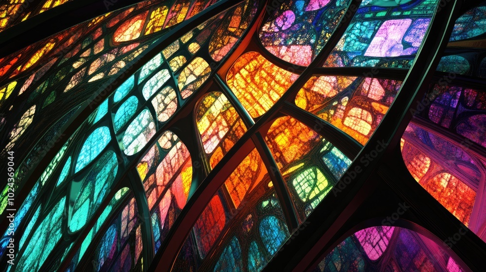 Poster Abstract stained glass with vibrant fractal patterns Colorful and chaotic 3D rendered textures creating a fantastical visual experience