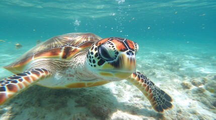 Fototapeta premium Playful Sea Turtle Swimming Underwater in Crystal Waters