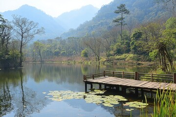 Tranquil lakeside retreat at dawn with mist rising over the serene mountains
