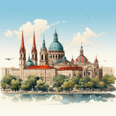 Fototapeta premium Minimalistic Vector Illustration of Budapest’s Iconic Landmarks and Cityscape