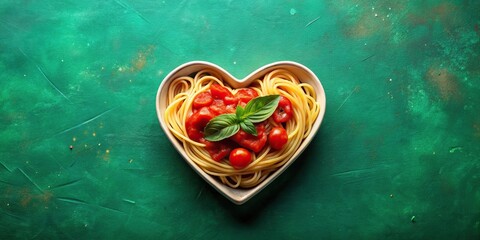 Symmetrical heart shaped pasta bowl with tomato sauce and basil leaves on dark green background
