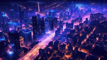 Neon Cityscape Night Aerial View