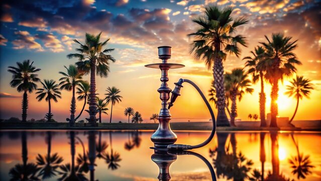 Symmetrical Hookah on a background of palm trees at sunset