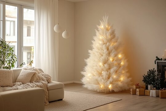 White christmas tree homemade from pampas grass decorated with warm lights, stanging in the  apartment`s white, modern living room. Wrapped gifts next to the tree. Lots of light. 
