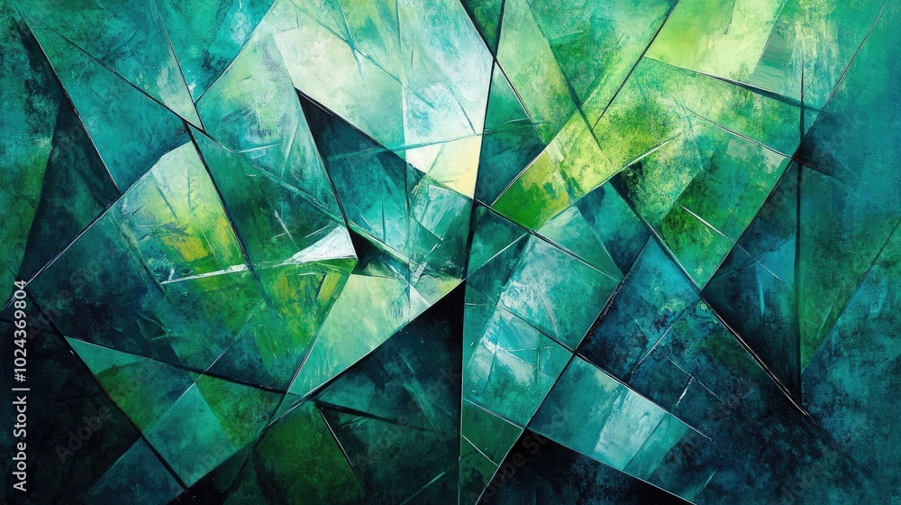 Poster abstract painting featuring a beautiful geometric background in shades of green and blue accented by