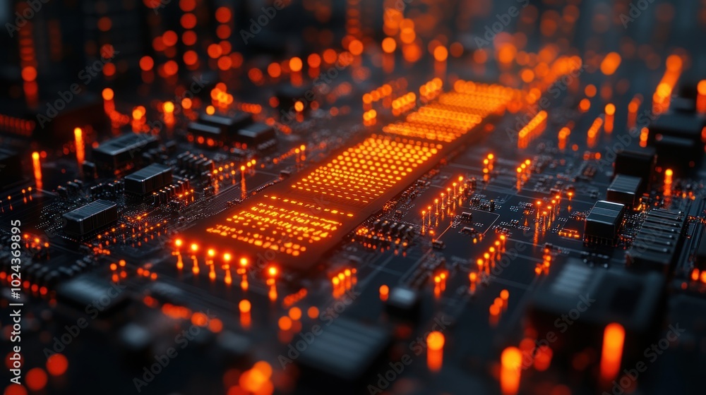 Poster a close-up shot of a lit up computer circuit board.