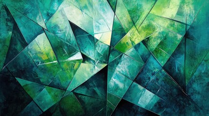 Abstract painting featuring a beautiful geometric background in shades of green and blue accented by fragmented lines