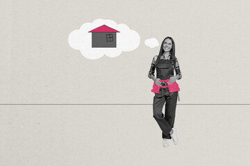 Composite trend artwork sketch image photo collage of young lady handyman uniform stand model...