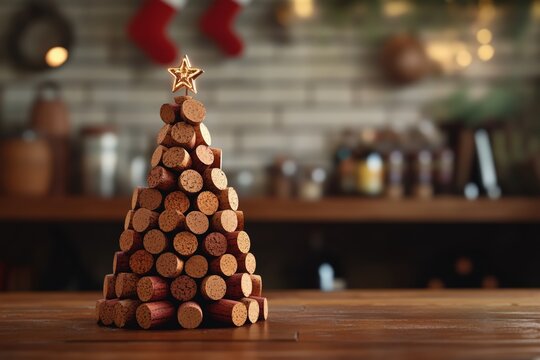 Closeup of creative, handmade christmas tree made from lots of wine corks and small star at the top, standing on the wooden table. Room shelf with xmas decorations in the background. Sustainability. 