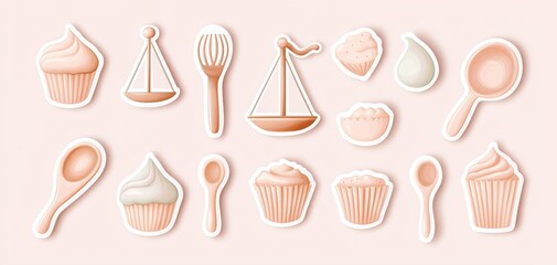 A sweet pastel-colored sticker set featuring baking scales, cupcake liners, and wooden spoons in simple vector style