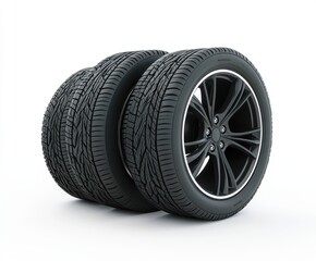 Set of car tires and wheels isolated on a white background. 3d rendering