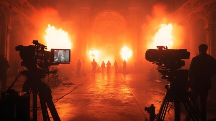 Fototapeta premium Film crew filming a scene with fire effects in an old building.