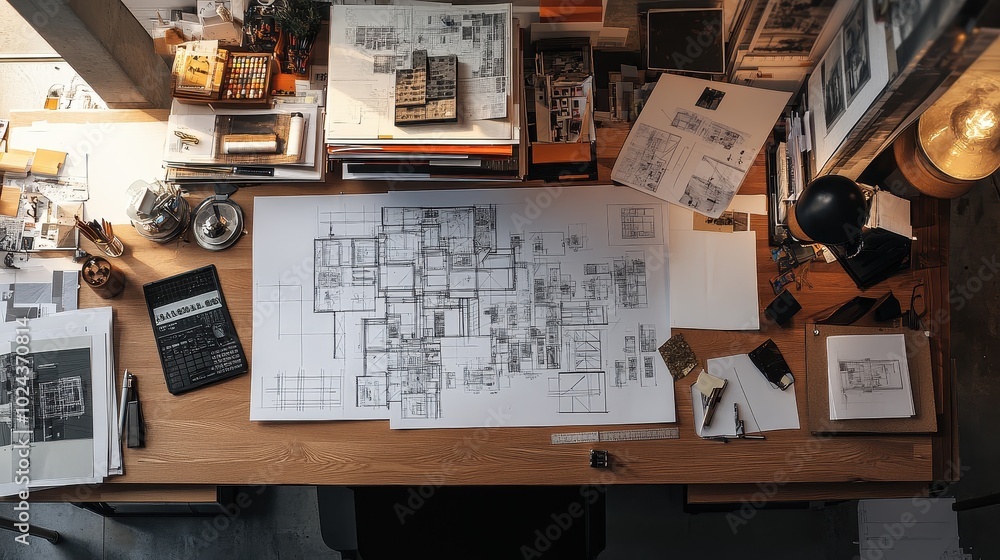 Poster cluttered workbench with engineering blueprints and tools