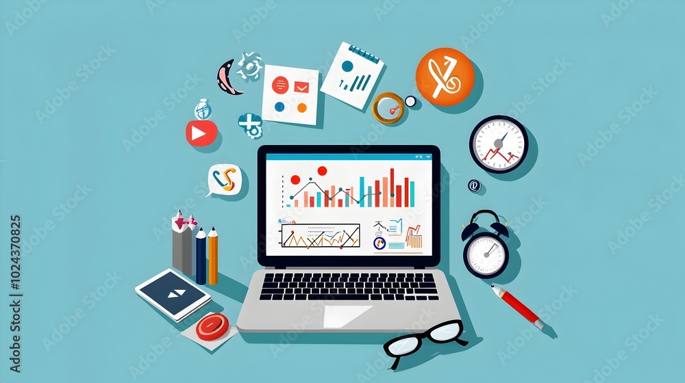Poster flat design depicting a digital marketing campaign with social media analytics data visualization an