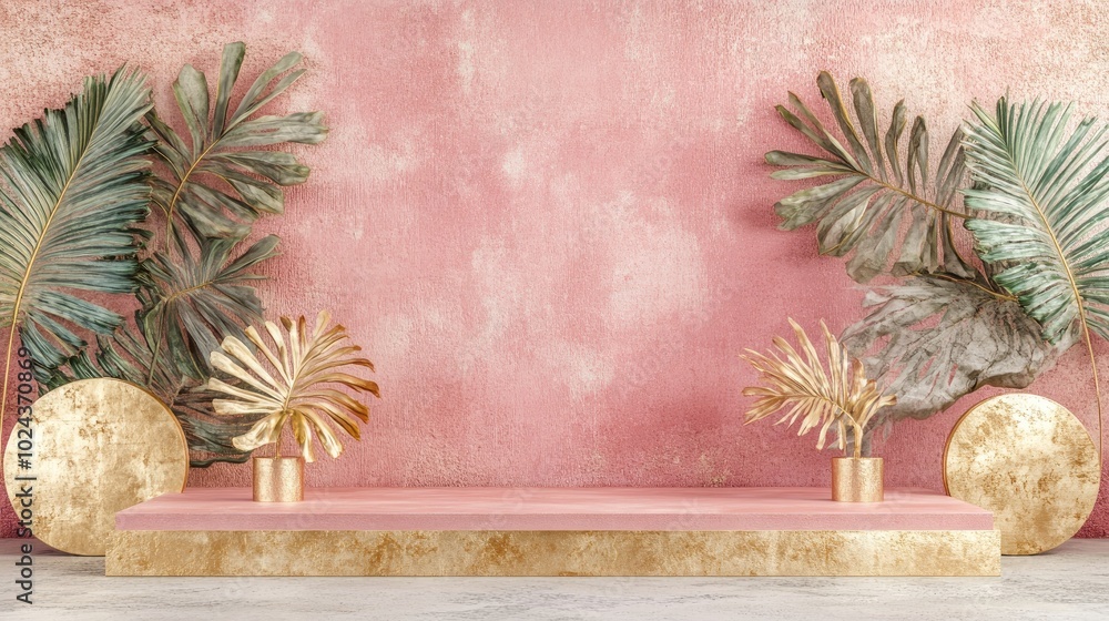 Aufkleber 3D rendering of a pink and gold platform adorned with tropical leaves in a contemporary style Minimalist geometric backdrop Mock up banner designed for social media Abstract composition featuring