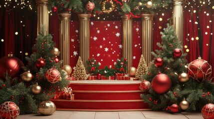 3D rendering of a festive podium display featuring holiday decorations