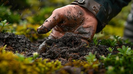 A Muddy Hand Reaching into Soil with Rain Falling