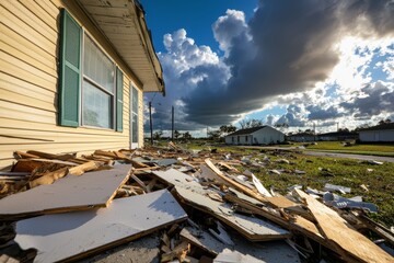 Aftermath of a Florida storm, home with minor damage, debris-strewn yard, and dark, threatening clouds in the background, a reminder of natures power
