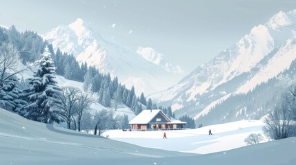 Fototapeta premium A snowy mountain landscape with a cabin in the distance