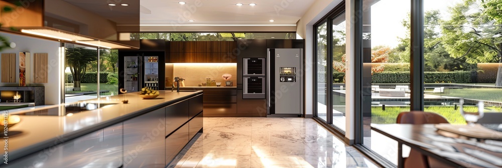 Poster the kitchen showcases advanced technology with a smart refrigerator and oven, enhancing culinary con